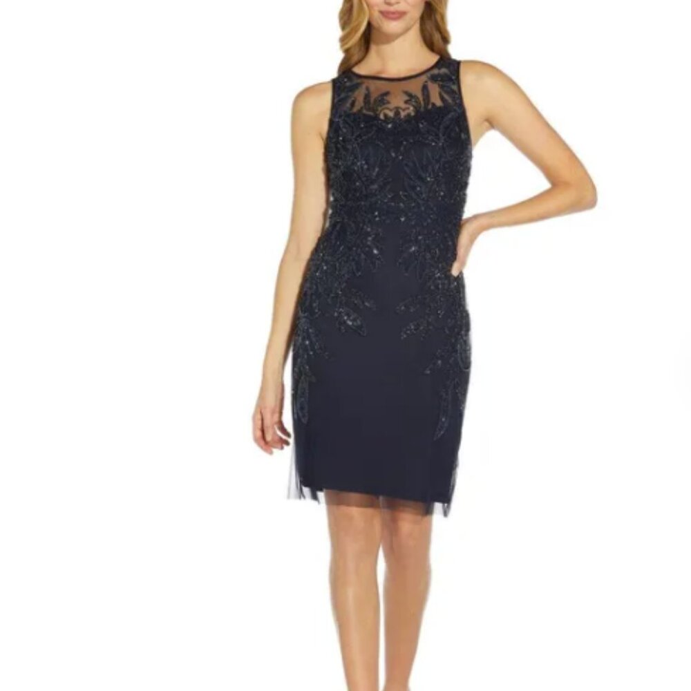 Adrianna Papell Navy Short Beaded Dress sleeveless size 4 NWT